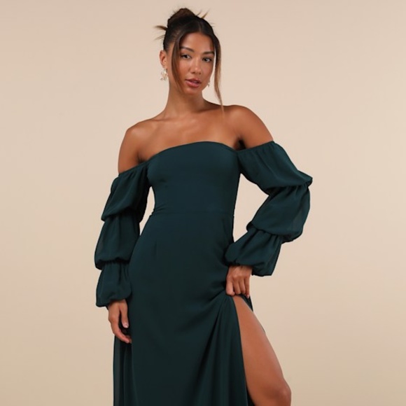 Lulus Dresses & Skirts - Lulus Demure Aura Emerald Tiered Balloon Sleeve Off-the-shoulder Dress Green